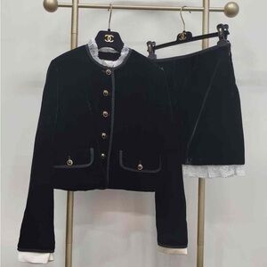 Authentic Miu Miu Black Velvet Jacket and Skirt Set with Gold Accents